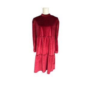 Vintage Red Velvet Ophelia Rose Dress L Long Sleeves Keyhole Back Tiered Design